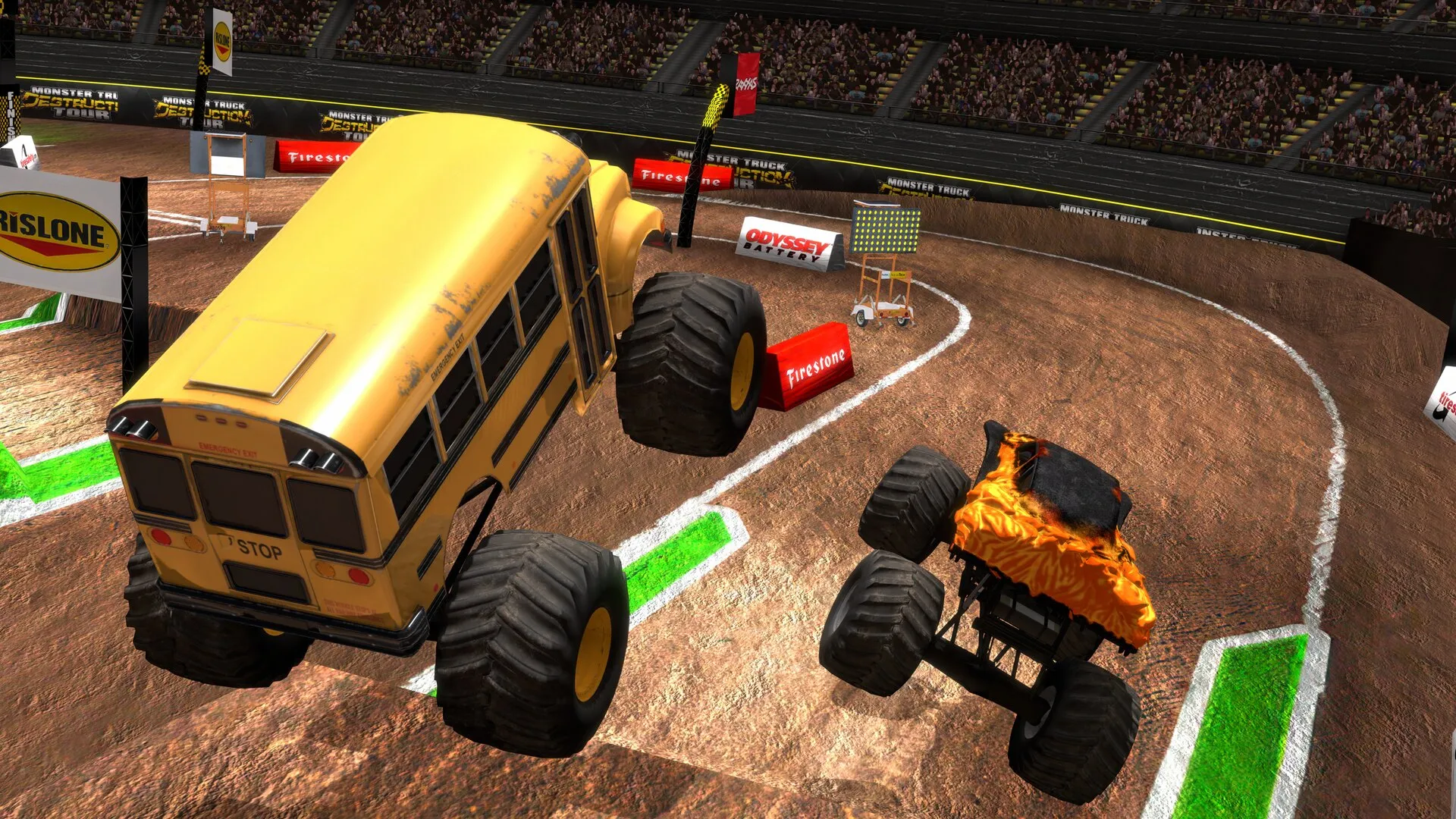 Monster truck crushing a yellow school bus