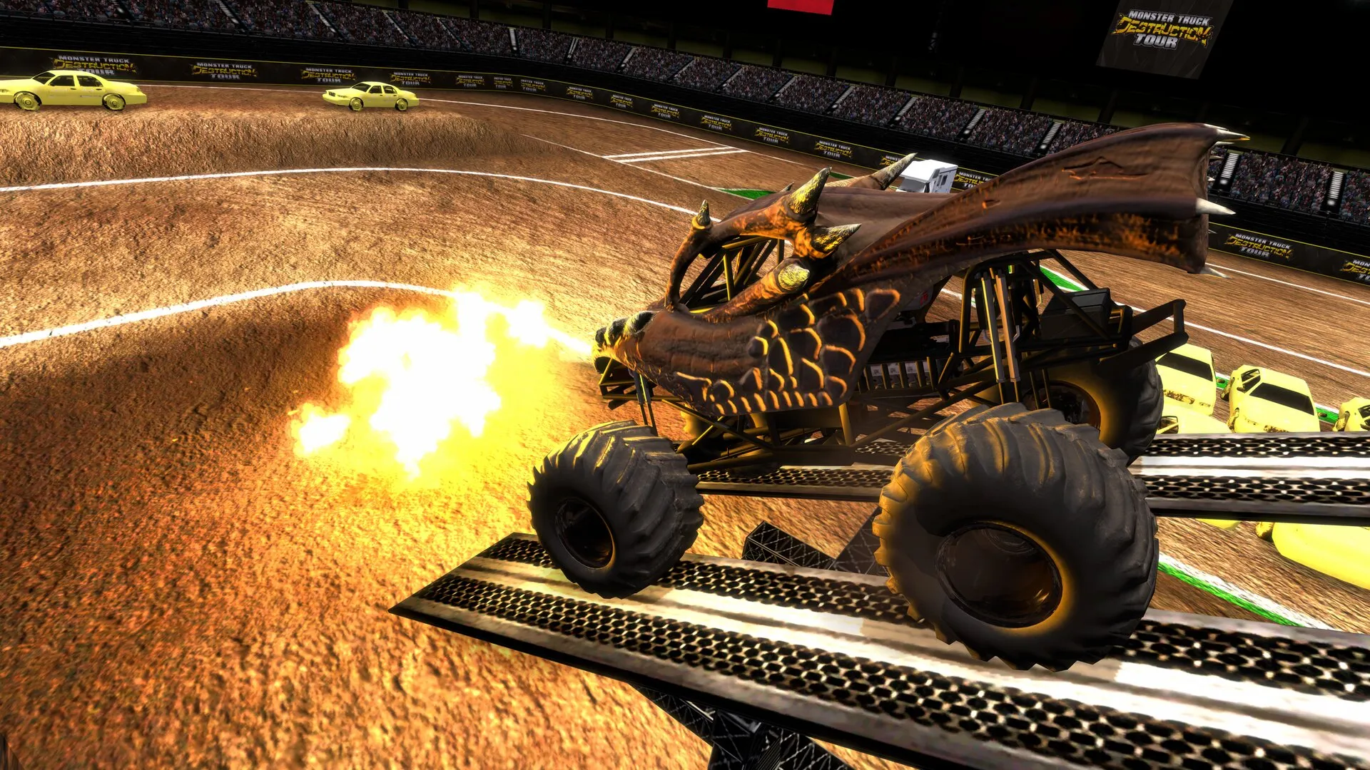 Dragon truck breathing fire over a ramp