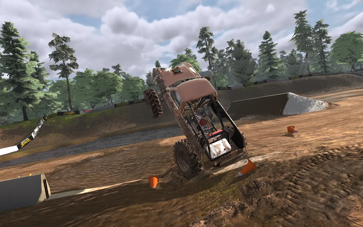 Lifted truck pulling a wheelie on a forest trail